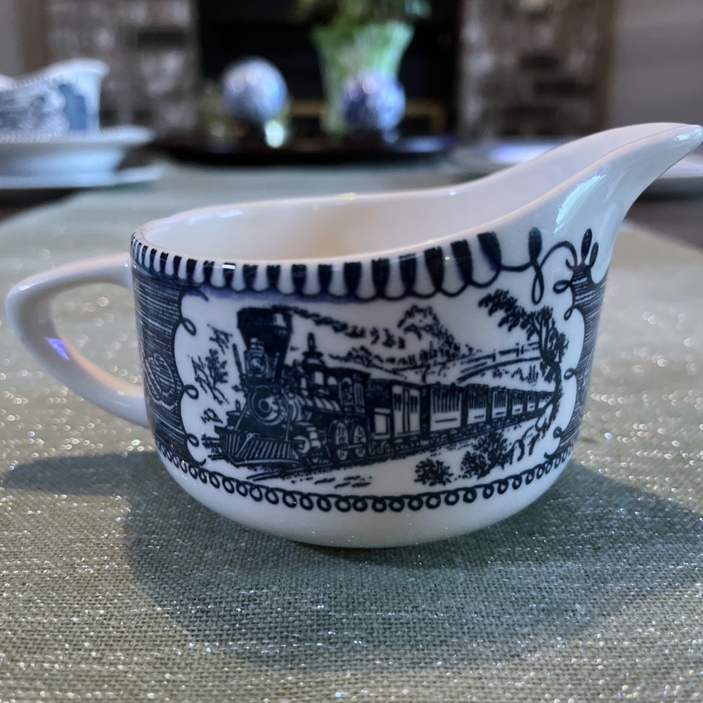 Vintage Royal China Currier & Ives Creamer "Express Train" Blue & White Transfer - Picture 3 of 7